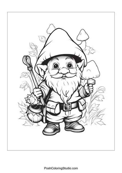 A gnome with a basket and a bushy beard in a garden.