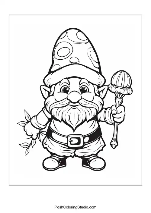 A gnome with a mushroom and a playful expression.