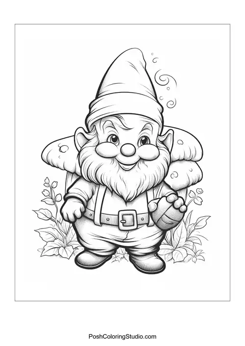 A gnome holding a watering can and smiling in a garden.