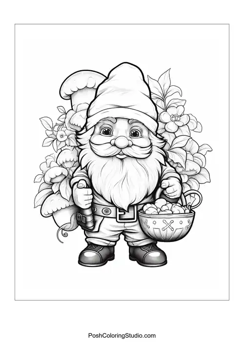 A gnome with a shovel and a friendly smile in a garden.