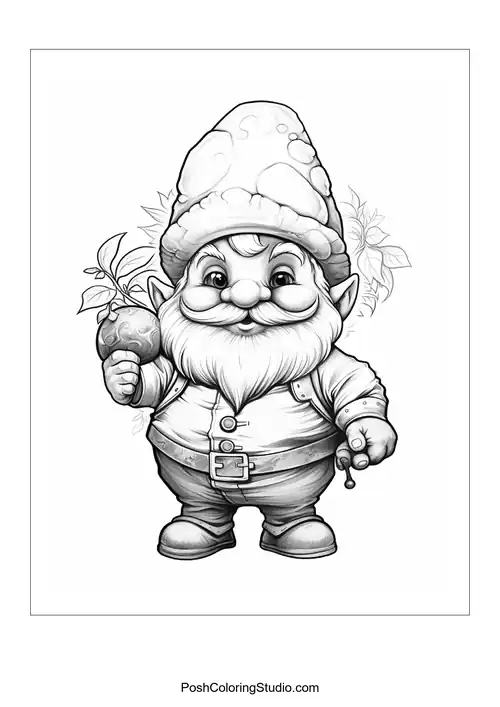 A gnome with a mushroom and a cheerful expression.
