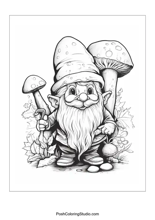 A gnome holding a flower and standing among plants.