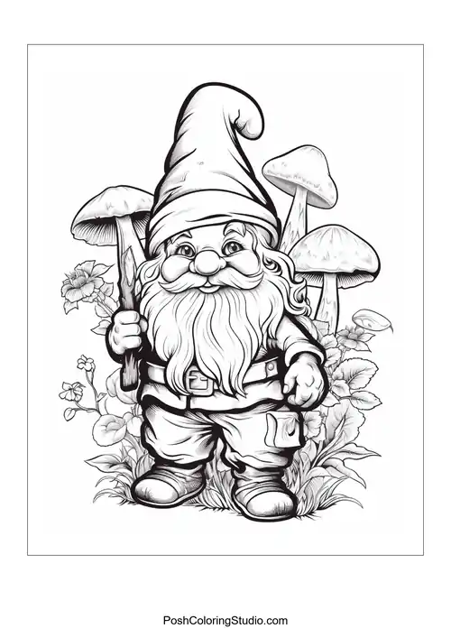 A gnome with a shovel and a friendly smile in a garden.
