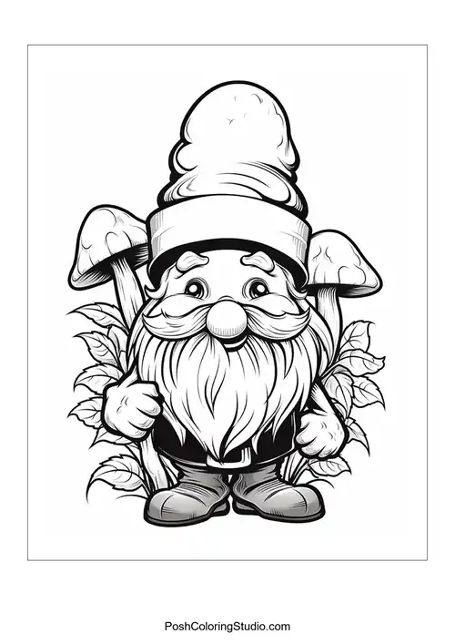 A gnome with a mushroom and a cheerful expression.