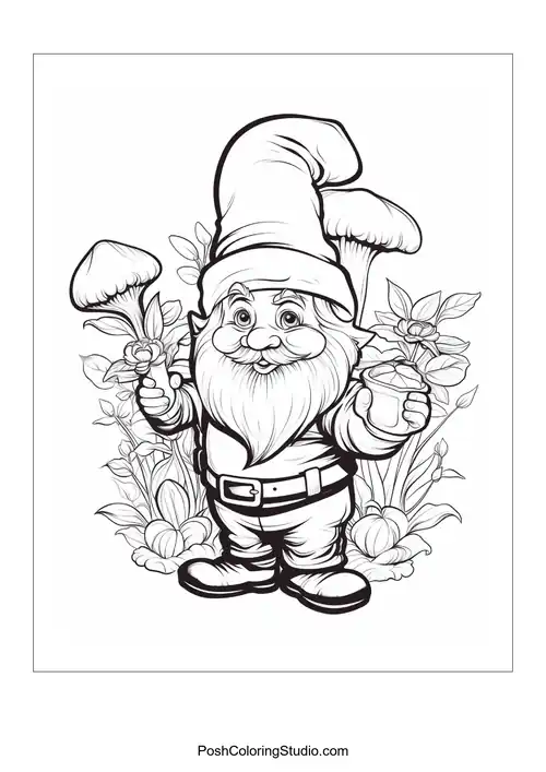 A gnome holding a flower and smiling in a garden.