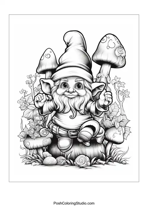 A gnome with a beard and a mushroom in a garden.