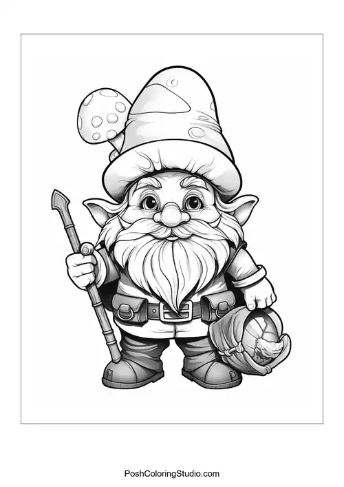 A gnome with a shovel and a friendly smile in a garden.