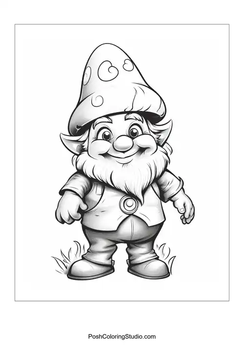 A smiling gnome with a heart-shaped hat and a friendly expression.