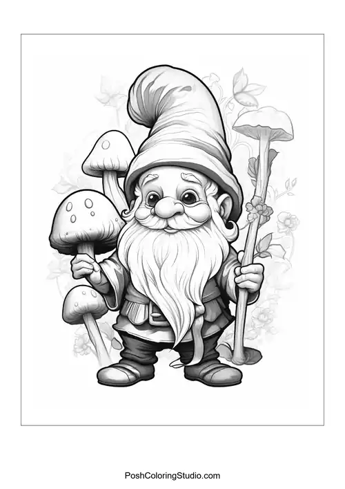 A gnome with a shovel and a friendly smile in a garden.