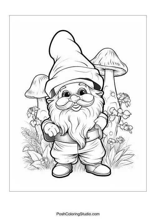 A gnome with a mushroom and a cheerful expression.