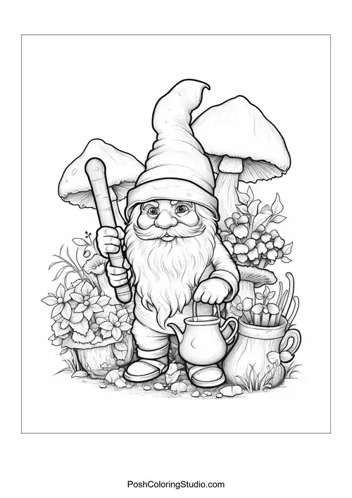 A gnome holding a flower and smiling in a garden.
