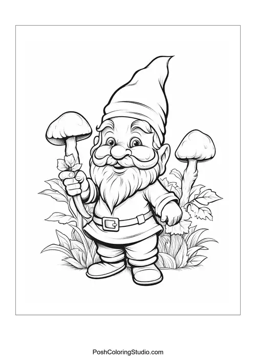 A gnome with a beard and a mushroom in a garden.