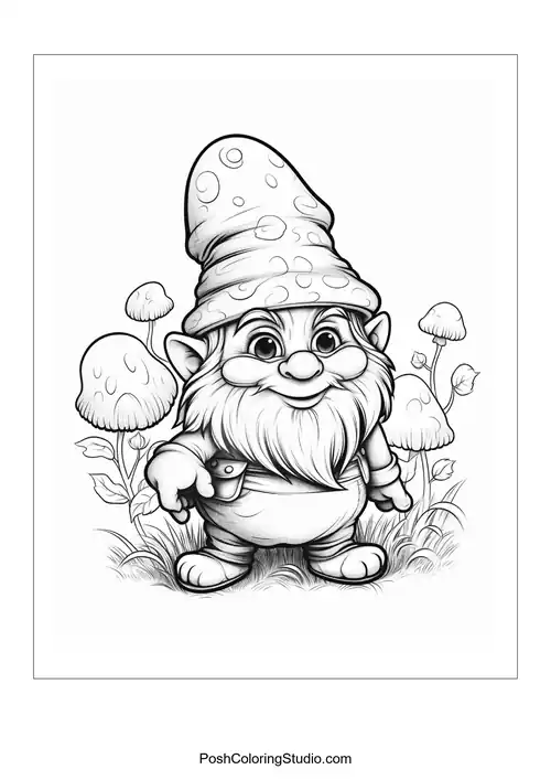 A gnome with a shovel and a friendly smile in a garden.