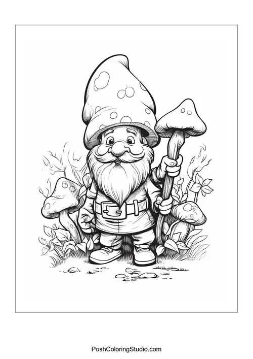 A gnome with a mushroom and a cheerful expression.