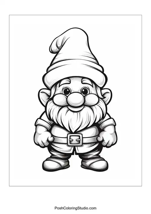 A gnome with a beard and a mushroom in a garden.