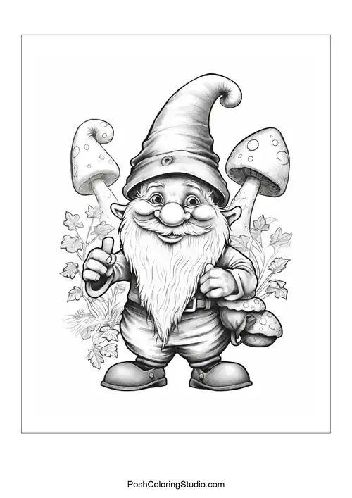 A gnome with a shovel and a friendly smile in a garden.