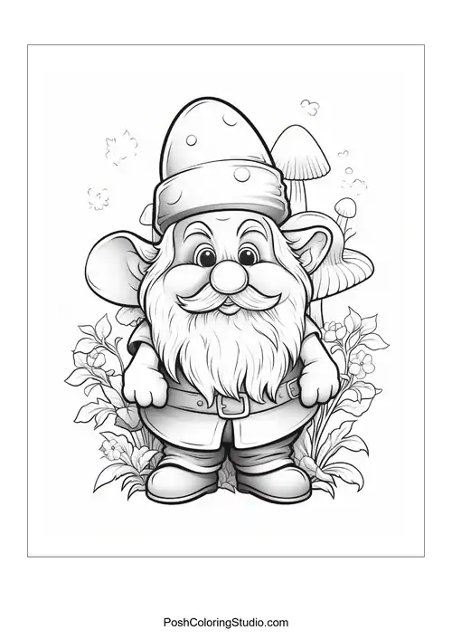A gnome with a mushroom and a cheerful expression.