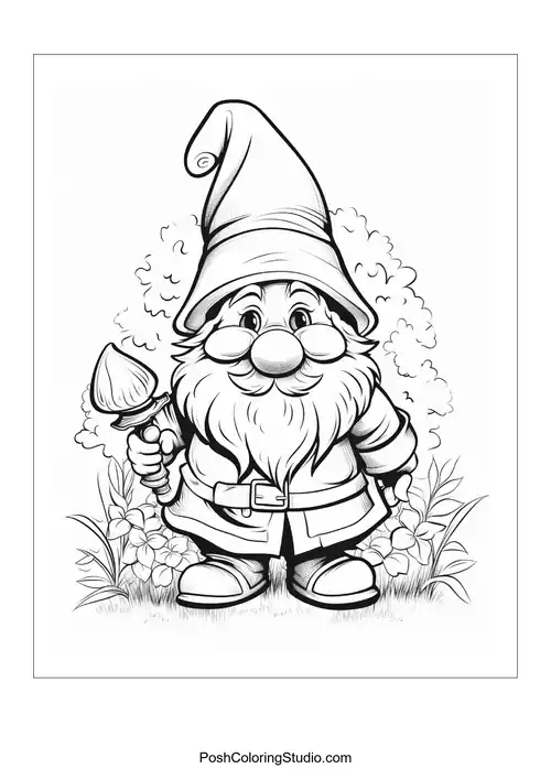 A gnome holding a tool and standing among flowers and bushes.