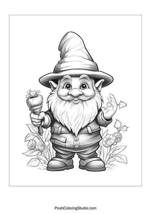 A gnome holding a flower and smiling in a garden.