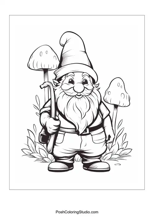 A gnome with a beard and a mushroom in a garden.