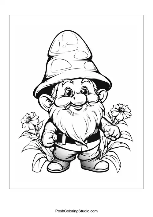 A gnome with a shovel and a friendly smile in a garden.