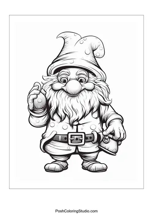A gnome with a mushroom and a cheerful expression.