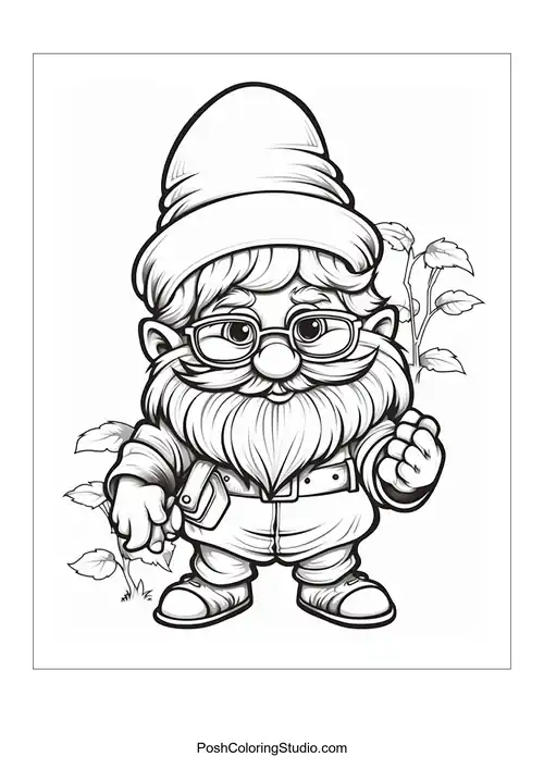 A gnome holding a flower and standing among plants.