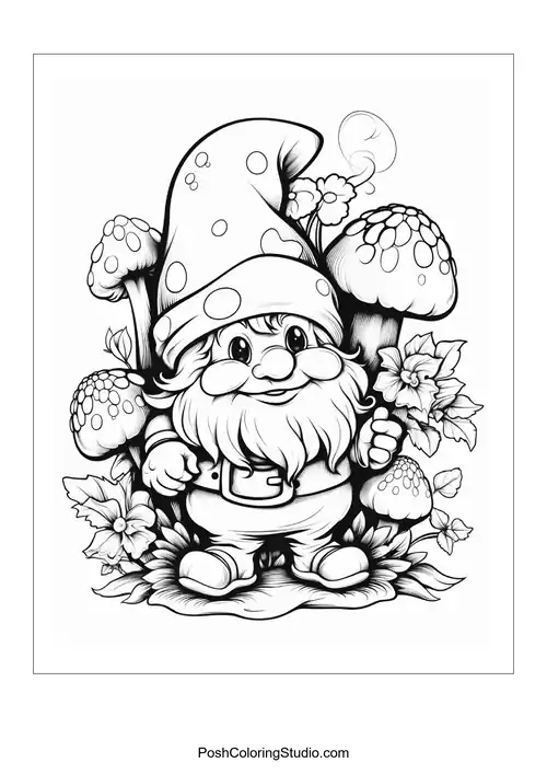 A gnome with a beard and a mushroom in a garden.