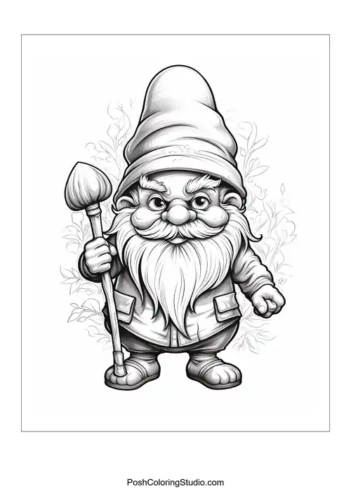 A gnome with a shovel and a friendly smile in a garden.