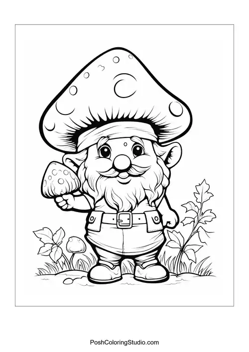 A gnome with a mushroom and a cheerful expression.