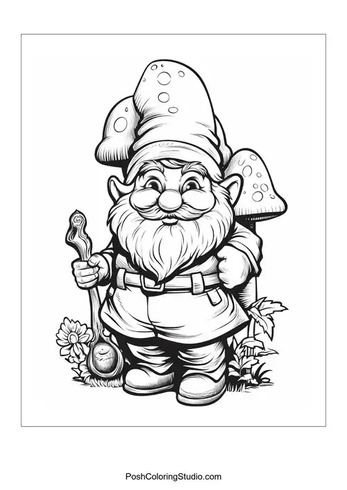A gnome holding a flower and smiling in a garden.