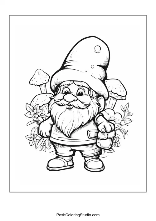 A gnome with a beard and a mushroom in a garden.