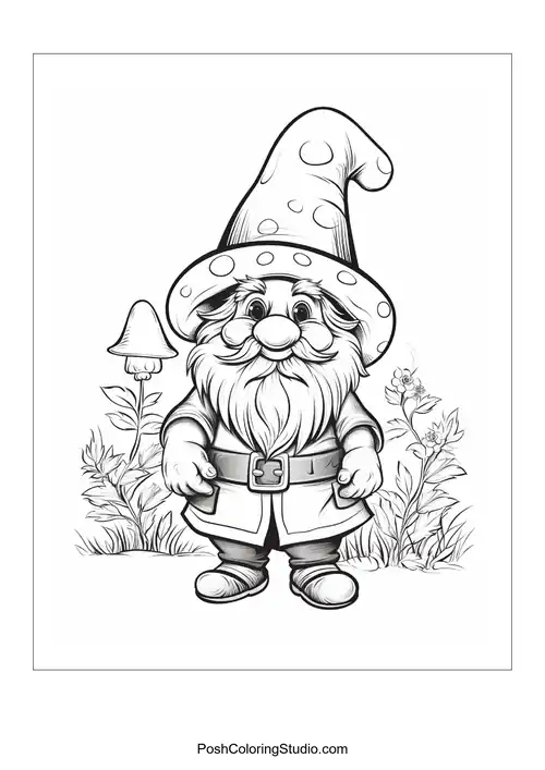 A gnome with a large hat and a bushy beard stands among flowers.