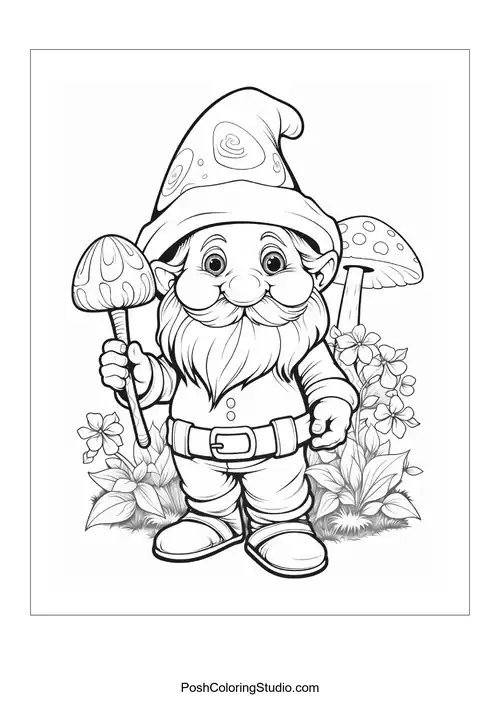 A gnome with two mushrooms and flowers, smiling cheerfully.