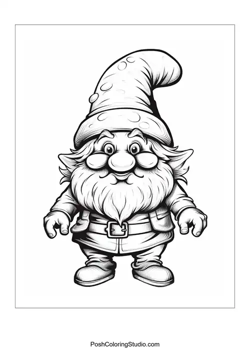 A gnome holding two flowers with a friendly smile.
