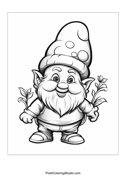 A gnome with a beard and a pot, surrounded by plants.