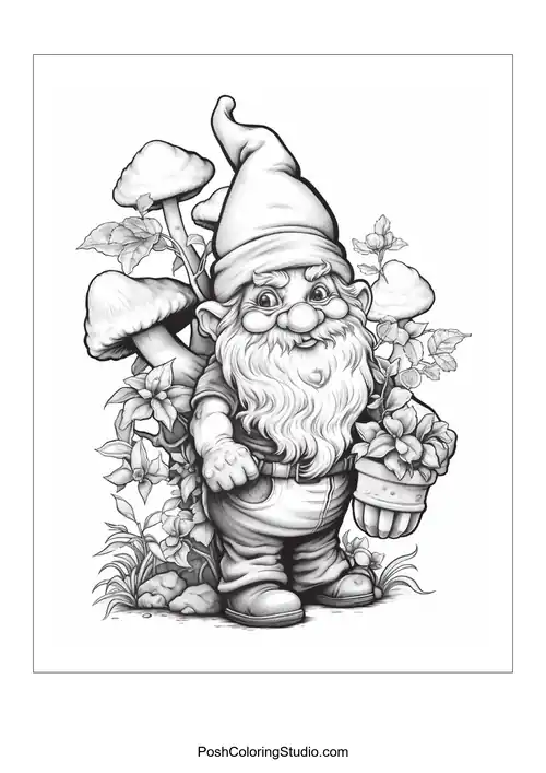 A gnome holding a mushroom and standing among flowers.