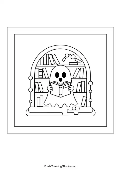 A ghost reading a book in front of a bookshelf.