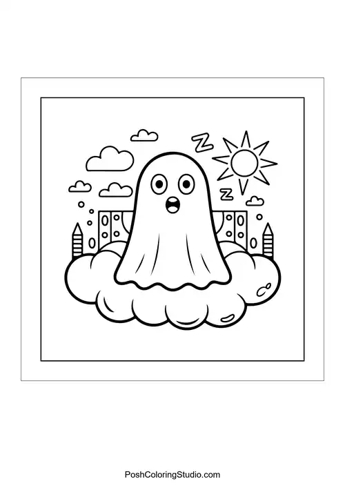 A ghost floating on a cloud with a sun above.