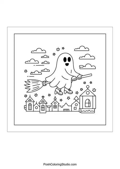 A ghost riding a broomstick over a village.