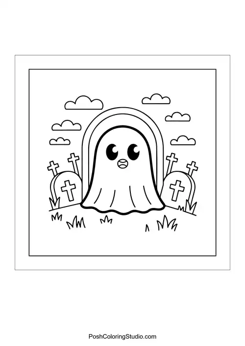 A ghost peeking from a graveyard with tombstones.