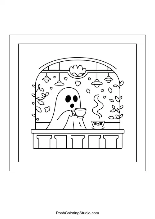 A ghost sipping tea at a table with a cup.