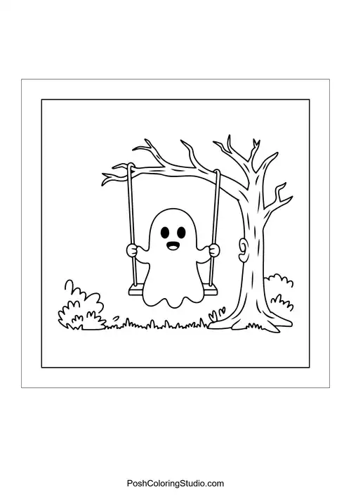 A ghost swinging on a swing under a tree.