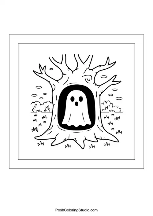 A ghost peeking from a hollow tree trunk.