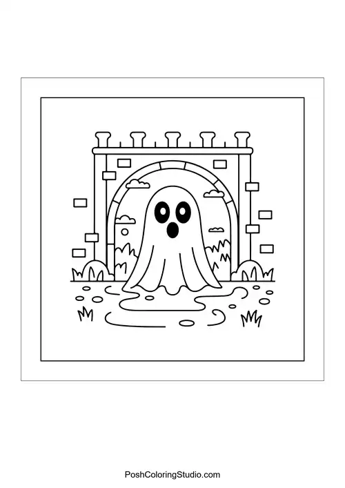 A ghost near a stone archway with a stream.