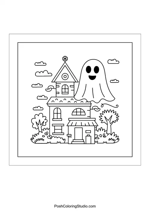 A ghost floating above a spooky house.