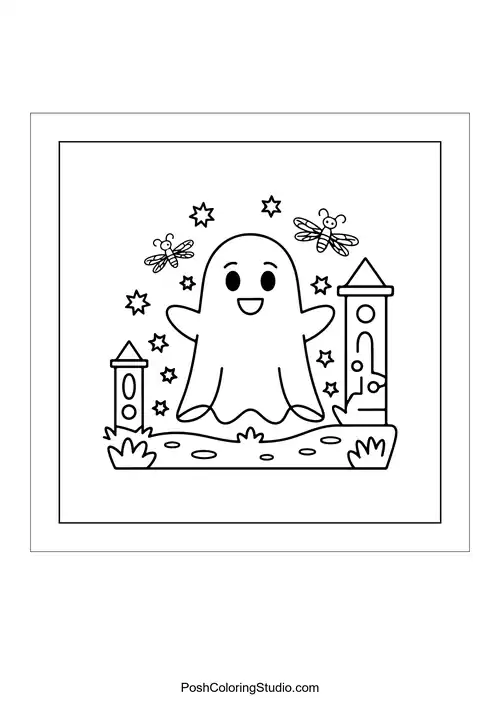 A ghost surrounded by flowers and stars.