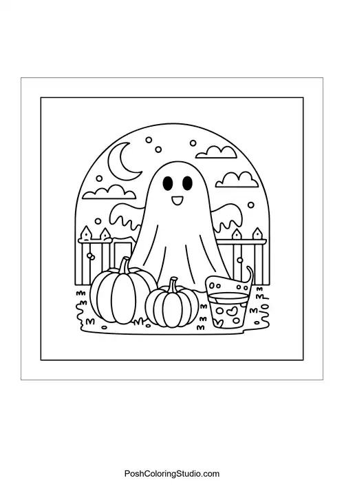 A ghost on a stack of books with leaves.