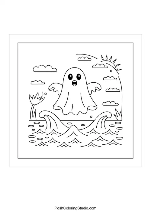 A ghost at a gate with hearts and stars.