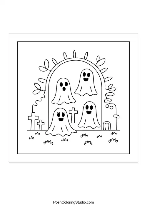 Four cheerful ghosts in a graveyard with tombstones.